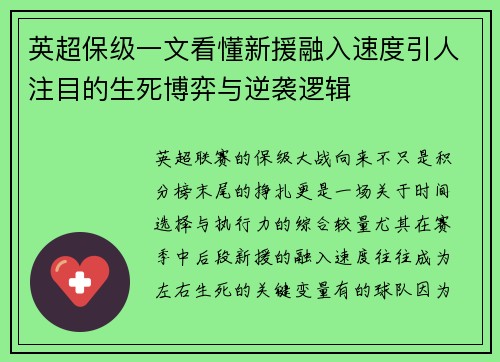 英超保级一文看懂新援融入速度引人注目的生死博弈与逆袭逻辑 英超保级一文看懂新援融入速度引人注目的生死博弈与逆袭逻辑